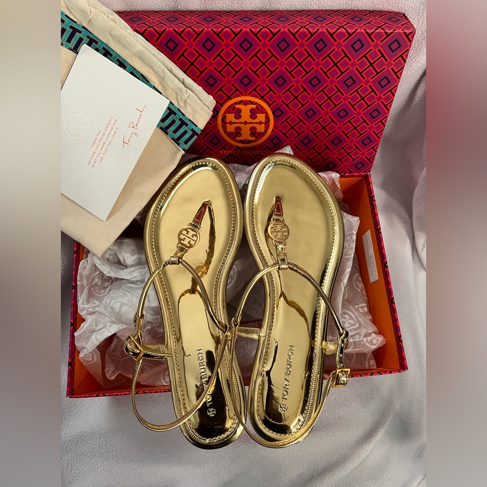 BNIB TORY BURCH EMMY FLAT THONG SANDAL METALLIC GOLD SIZE 8.5